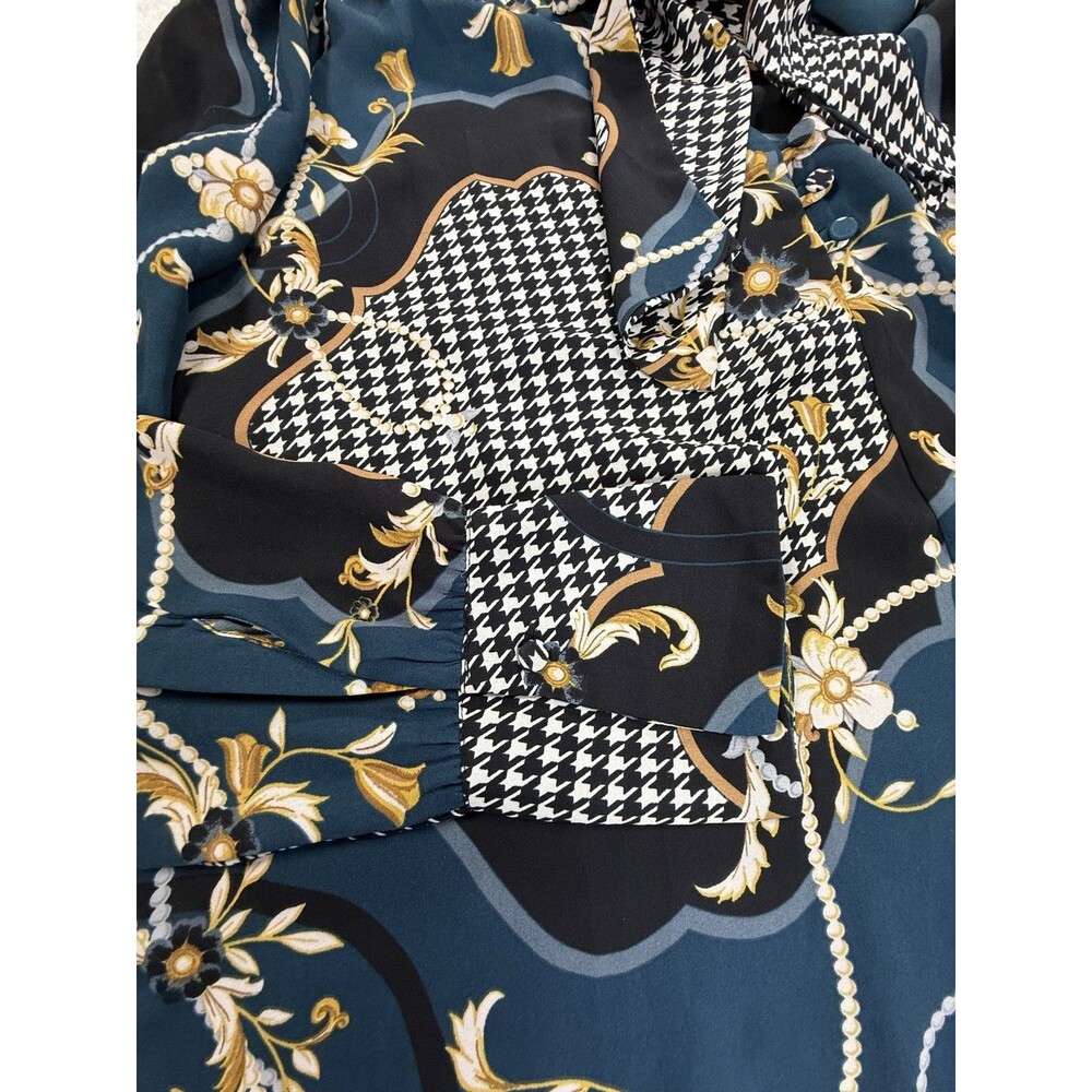 Ann Taylor Bow Tie Blouse Teal Pearl Print Equestrian Long Sleeve Size Small - Picture 3 of 13